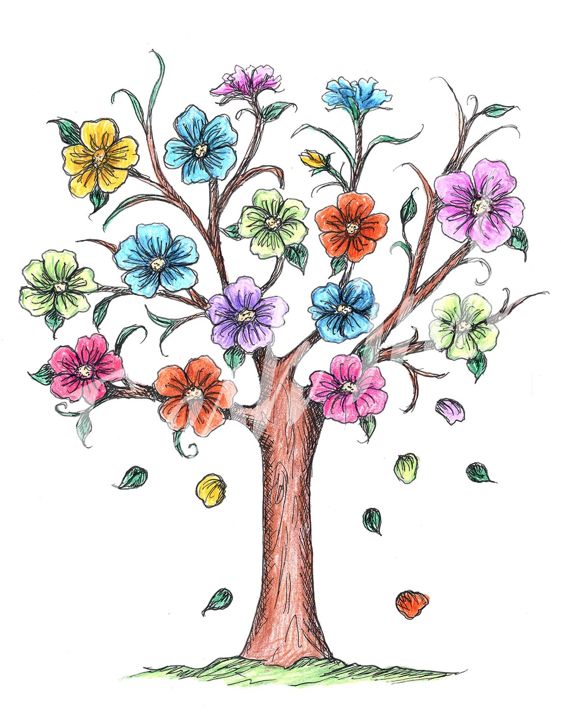 Coloring Page Printable Download Flowering Tree Hand Drawn Coloring ...
