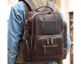 Vintage Brown Leather Shoulder Bag, Travel Backpack Laptop Daypack, Genuine Leather Men‘s Backpack, Student School Bag, Rucksack For Men