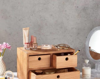 Handmade Beech Wood Desk Organizer with 3 Drawers | Natural Rustic Wooden Storage