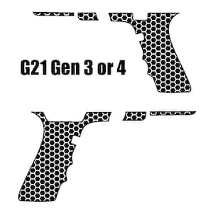 May include: Black and white graphic of grip panels with a honeycomb pattern. The text "G21 Gen 3 or 4" is displayed above the grip panels. The image is on a white background.