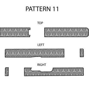 Peut inclure: Un motif géométrique noir et blanc intitulé "PATTERN 11". Le motif comprend plusieurs formes rectangulaires et courbes, chacune remplie d'un motif géométrique répétitif. Les formes sont étiquetées "TOP", "LEFT" et "RIGHT".