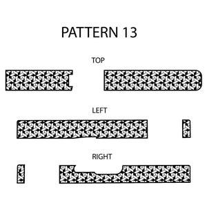 Puede incluir: Diagrama del Patrón 13, con formas geométricas negras con un patrón repetitivo. Las formas están etiquetadas como "TOP", "LEFT", "RIGHT", e incluyen piezas rectangulares más pequeñas. El fondo es blanco.