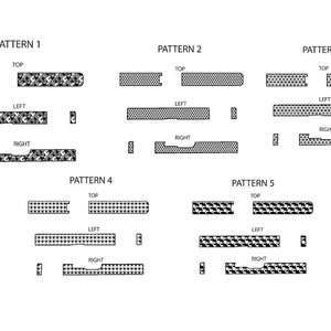 Puede incluir: Un diagrama que muestra cinco patrones, cada uno compuesto por varias formas geométricas en blanco y negro etiquetadas como "TOP", "LEFT" y "RIGHT". Los patrones están etiquetados como "PATTERN 1" a "PATTERN 5".