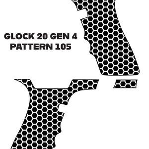 May include: Black and white graphic of a firearm grip with a honeycomb pattern. The text "GLOCK 20 GEN 4 PATTERN 105" is printed in bold, black letters.