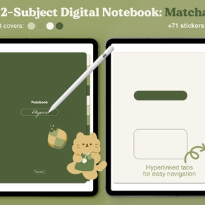 May include: A digital notebook with 12 subjects, featuring a green cover with the text "Notebook Physics" and a cute cat illustration. The notebook has hyperlinked tabs for easy navigation and includes 71 stickers.