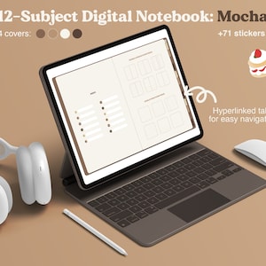 May include: A digital notebook on a tablet with a keyboard, stylus, and mouse. The notebook is labeled "12-Subject Digital Notebook: Mocha" and includes "+71 stickers!" and "Hyperlinked tabs for easy navigation."