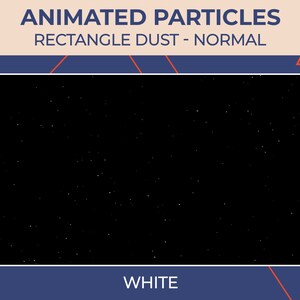 Pode incluir: Partículas brancas animadas sobre um fundo preto. O texto "ANIMATED PARTICLES" e "RECTANGLE DUST - NORMAL" está na parte superior da imagem. O texto "WHITE" está na parte inferior da imagem.