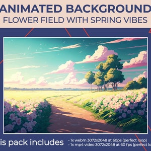 Könnte beinhalten: Animierter Hintergrund mit einem Feld voller rosa Blumen und einem Schotterweg, der durch die Mitte führt. Der Himmel ist blau mit weißen Wolken und einem rosafarbenen Sonnenuntergang. Der Text "ANIMATED BACKGROUND" und "FLOWER FIELD WITH SPRING VIBES" befindet sich oben im Bild. Der Text "This pack includes" befindet sich unten links im Bild. Der Text "1x webm 3072x2048 at 60ps (perfect loop)" und "1x mp4 video 3072x2048 at 60 fps (perfect loop)" befindet sich unten rechts im Bild.