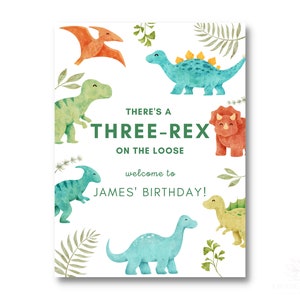 Sinal de boas-vindas editável do aniversário do dinossauro de três Rex | Modelo Canva | 18" x 24"