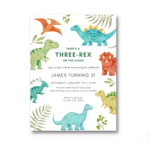 Invitación editable para fiesta de cumpleaños de los tres dinosaurios Rex / Plantilla de Canva / 13 x 18 cm