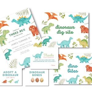 Editable Three Rex Dinosaur Birthday Party Bundle | Canva Templates