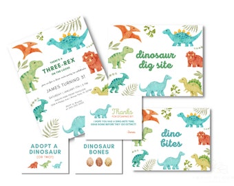 Editable Three Rex Dinosaur Birthday Party Bundle | Canva Templates