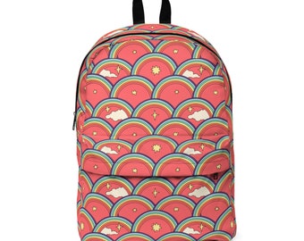 Pink Rainbow Retro Backpack, Back to School Gifts for Kids, Bag for Books, Rainbow Fabric School Bag, Gifts for Teens, Women's Backpack