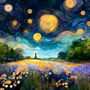 Könnte beinhalten: Ein Gemälde im Stil von Vincent van Gogh, das ein Feld mit lila Blumen zeigt, in der Ferne ein hoher, schlanker Turm. Der Himmel ist ein wirbelnder Blau- und Gelbtönen mit großen, gelben Kreisen, die Sterne darstellen.