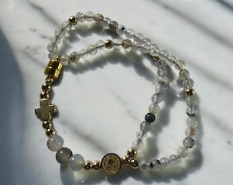 Handmade Beaded Rosary Bracelet: Natural Stone, 14k Gold Plated St Benedict Medal