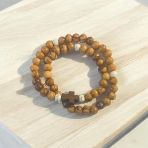 Handmade Olive Wood Rosary Bracelet: Catholic Stretch Bracelet