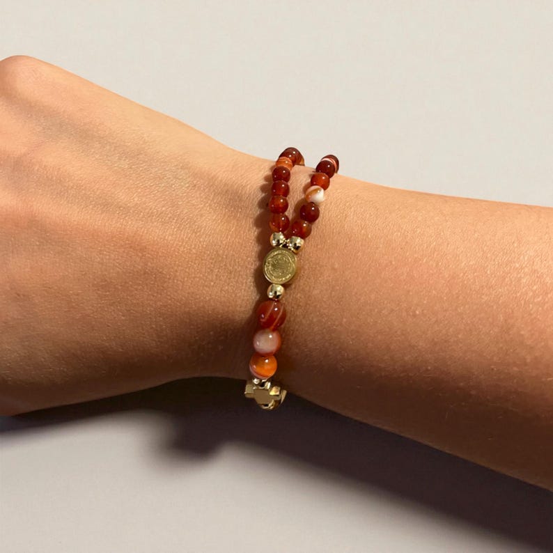 Handmade Beaded Rosary Bracelet: Natural Stone, 14k Gold Plated Cross Red / Rust S/M