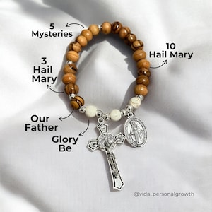 Handmade Olive Wood Rosary Bracelet: Miraculous Medal, Silver Crucifix