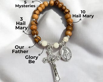 Handmade Olive Wood Rosary Bracelet: Miraculous Medal, Silver Crucifix