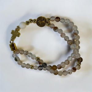 Handmade Beaded Rosary Bracelet | Mini 5-decade rosary | Natural Stone Beads & Magnetic Clasp | 14k Gold Plated Cross | St Benedict Medal