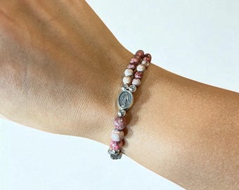 Pulsera de rosario completa hecha a mano con cuentas: piedra natural, medalla milagrosa plateada