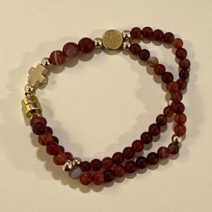 Handmade Beaded Rosary Bracelet: Natural Stone, 14k Gold Plated Cross image 5