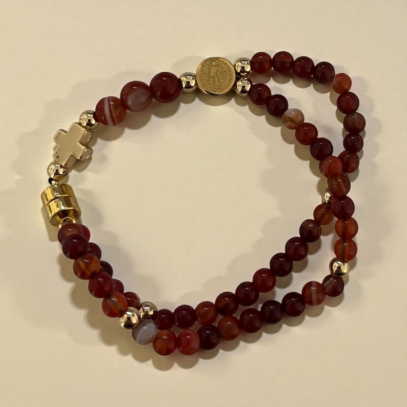 Handmade Beaded Rosary Bracelet: Natural Stone, 14k Gold Plated Cross image 5