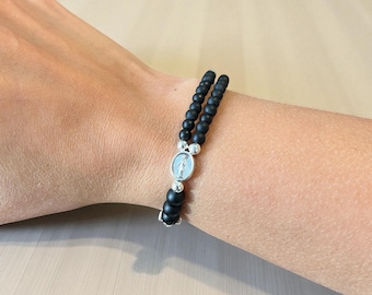 Bracelet chapelet complet fait main en perles : pierre naturelle, médaille miraculeuse plaquée argent