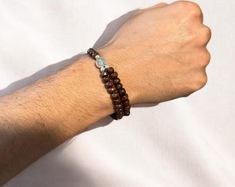 Pulsera de rosario con cuentas de madera hecha a mano / Medalla de San Benito, cierre magnético
