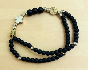 Beaded Rosary Bracelet: Black Stone, Gold / Silver Plated Cross & St. Benedict Medal
