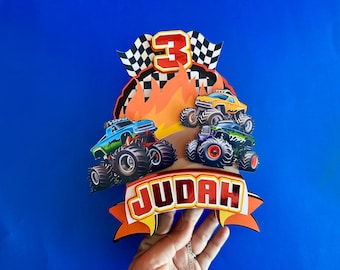 Monster Truck Cake Topper Birthday Party Decor Fire Racing Flag Fast One Two Fast