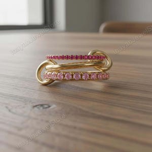 Natural Pink Ceylon Sapphire Gem Multi-Link Sterling Gold Plated Ring, Interlocking Band 925 Sterling Silver Ring, Multi Link Connected Ring