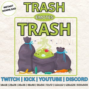 Könnte beinhalten: Digitaler Download mit drei Müllsäcken, von denen einer mit Müll überquillt und eine grüne Wolke ausstößt. Das Wort "TRASH" wird in großen grünen Buchstaben angezeigt, mit "EMOTES" darüber. Enthält Größen für Twitch, Kick, YouTube und Discord.
