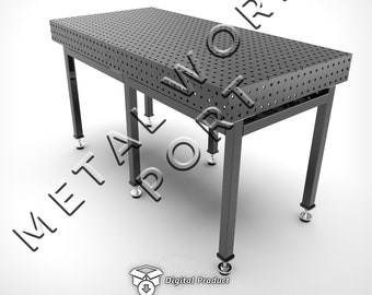 May include: A black metal welding table with a perforated top and adjustable legs. The table is designed for use in a workshop or garage.
