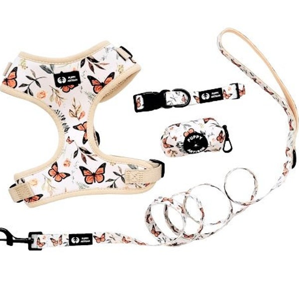 Butterfly Love Bundle Set, Dog Collar, Dog Leash, Pet Harness, Collar Leash Combo, Poop Bag Holder, Birthday Gift, Pets Accessories