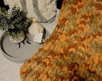 Handmade Chunky Knit Throw Blanket: Warm Brown & Green, 40x48