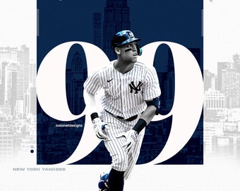 May include: A baseball player wearing a white and blue striped jersey with the New York Yankees logo, running with a bat in his hand. The player is wearing a blue baseball cap with the New York Yankees logo. The background is a city skyline with the words "JUDGE 99" in large white letters.