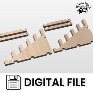 May include: Digital download file for a wooden shelf design. The design includes five pieces: two long, narrow pieces, two angled pieces, and one short, narrow piece.