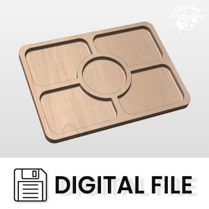 May include: A wooden serving tray with five compartments, including a large circular compartment in the center. The tray is made of light-colored wood and has a smooth finish.