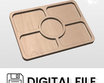 May include: A wooden serving tray with five compartments, including a large circular compartment in the center. The tray is made of light-colored wood and has a smooth finish.