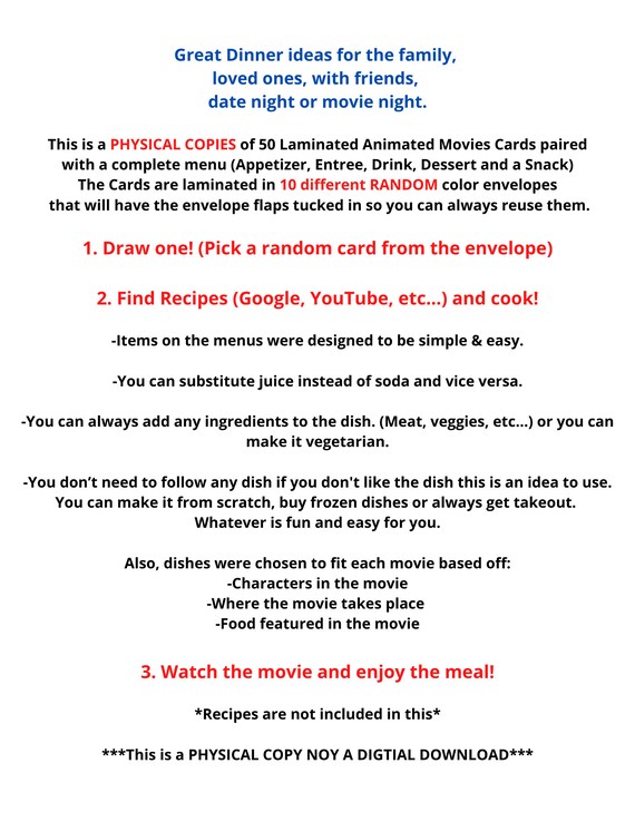 50 Laminated Printed Dinner and a Movie Menus 4X6 Cards - Etsy
