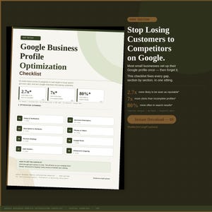 May include: A digital Google Business Profile Optimization Checklist document featuring 2024 edition branding. The page includes 8 optimization categories, statistical data points like 2.7x, 7x, and 80%, and instructional text for small business owners.