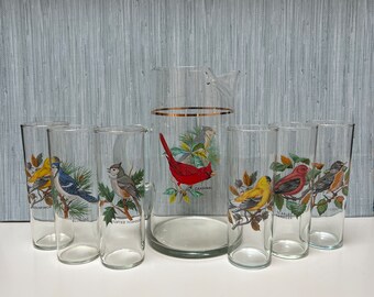 VINTAGE Hand Painted Bird Glass Tumblers and Pitcher