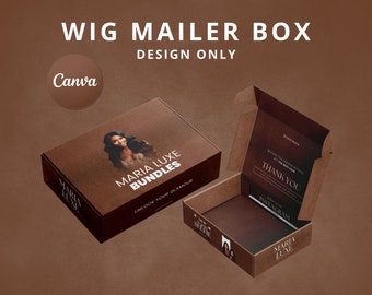 Diseño de caja de envío para peluca con encaje frontal / Tema marrón, plantilla de Canva (descarga digital)