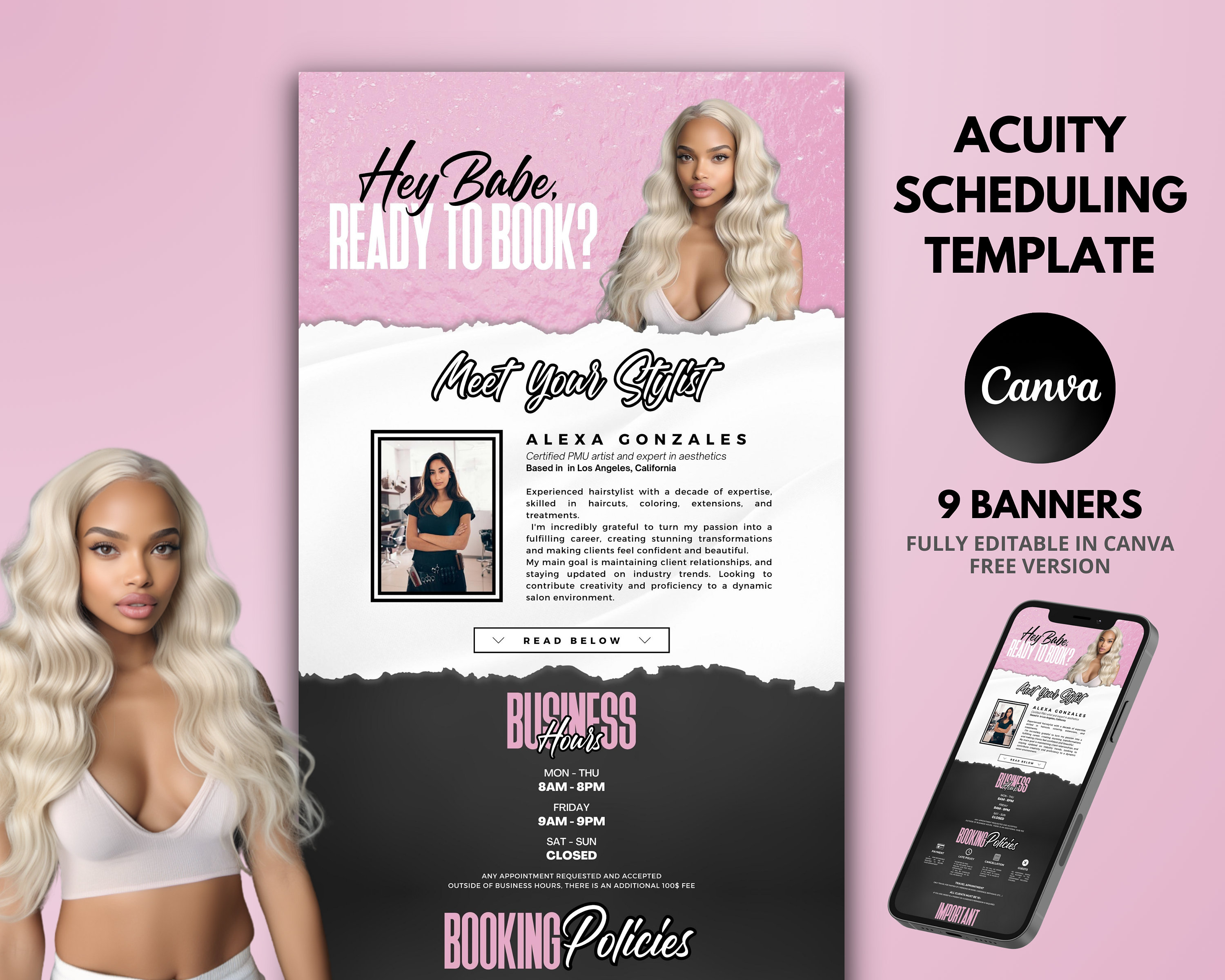 DIY Acuity Site, Acuity Scheduling Template Hairstylist, Booking Site, Acuity Template Hair | Trendy Pink Black White theme | Canva Template