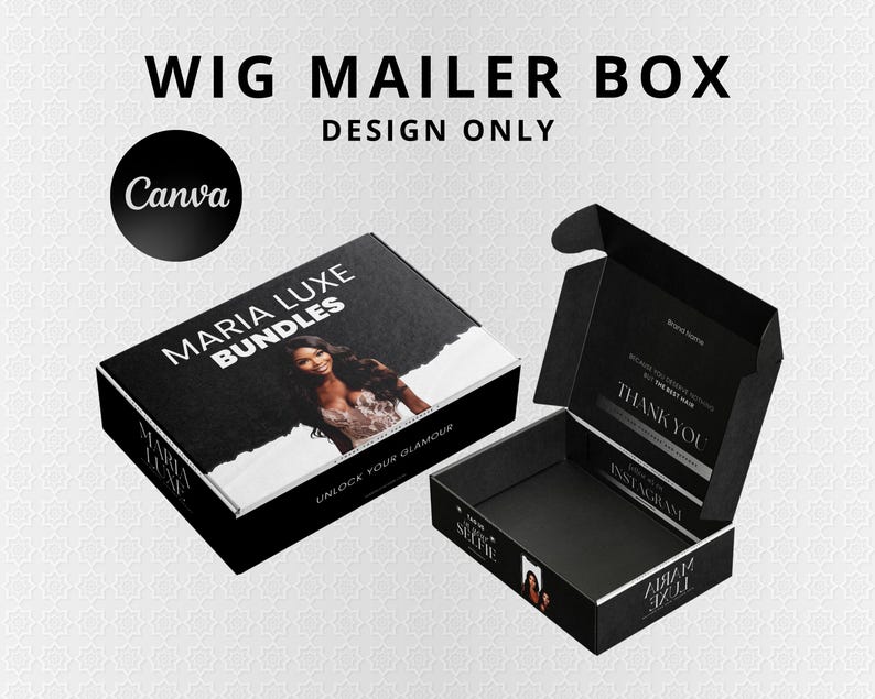 May include: Black wig mailer box with the text "WIG MAILER BOX DESIGN ONLY". The box features the text "MARIA LUXE BUNDLES" and "UNLOCK YOUR GLAMOUR". The open box has "THANK YOU" and "INSTAGRAM" printed on the inside.