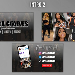 May include: A black and white graphic with the text "JAYDA CHAEVES" in bold white letters with a black outline. The text "@waydaminbrand" is in smaller white letters below the name. The text "BEAUTY | LIFESTYLE | PODCAST" is in white letters below the brand name. A collage of photos of a woman in different outfits is shown in the background. The text "INTRO 2" is in white letters on a black background at the top of the image. The text "Connect With Me" is in white cursive letters on a black background. The text "JAYDACHAEVES" is in white letters on a black background. The text "SUBSCRIBE" is in red letters on a black background. The text "JAYDACHAEVES" is in white letters on a black background. The text "JAYDACHAEVES" is in white letters on a black background. A black and white image of a smartphone with a grid of photos is shown on the left side of the image.