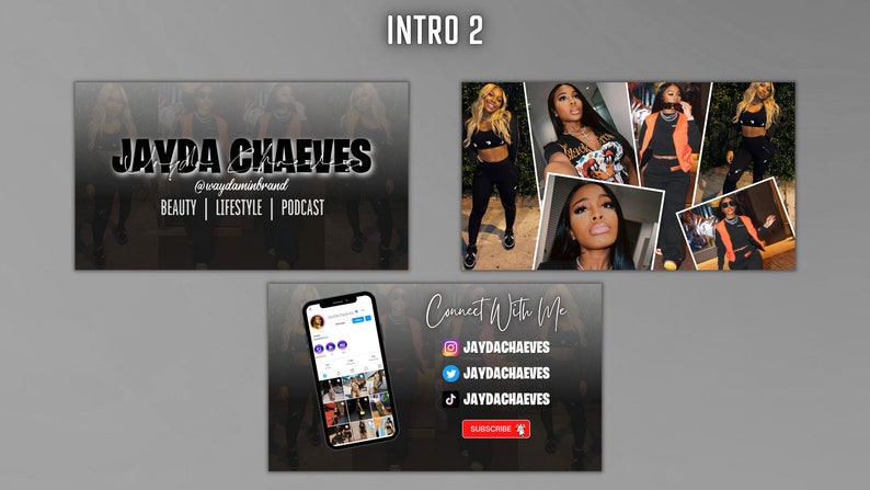 May include: A black and white graphic with the text "JAYDA CHAEVES" in bold white letters with a black outline. The text "@waydaminbrand" is in smaller white letters below the name. The text "BEAUTY | LIFESTYLE | PODCAST" is in white letters below the brand name. A collage of photos of a woman in different outfits is shown in the background. The text "INTRO 2" is in white letters on a black background at the top of the image. The text "Connect With Me" is in white cursive letters on a black background. The text "JAYDACHAEVES" is in white letters on a black background. The text "SUBSCRIBE" is in red letters on a black background. The text "JAYDACHAEVES" is in white letters on a black background. The text "JAYDACHAEVES" is in white letters on a black background. A black and white image of a smartphone with a grid of photos is shown on the left side of the image.