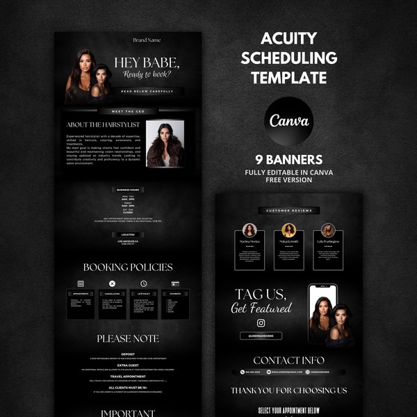 Luxury Acuity Scheduling Template Hairstylist, Acuity Site, Booking Site, Acuity Template Hair | Classy Black theme | Canva Template