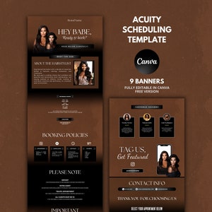 Könnte beinhalten: Eine braune und schwarze Vorlage für die Terminplanung. Die Vorlage enthält eine Kopfzeile mit dem Text "Acuity Scheduling Template" und eine Fußzeile mit dem Text "Vielen Dank, dass Sie uns gewählt haben".